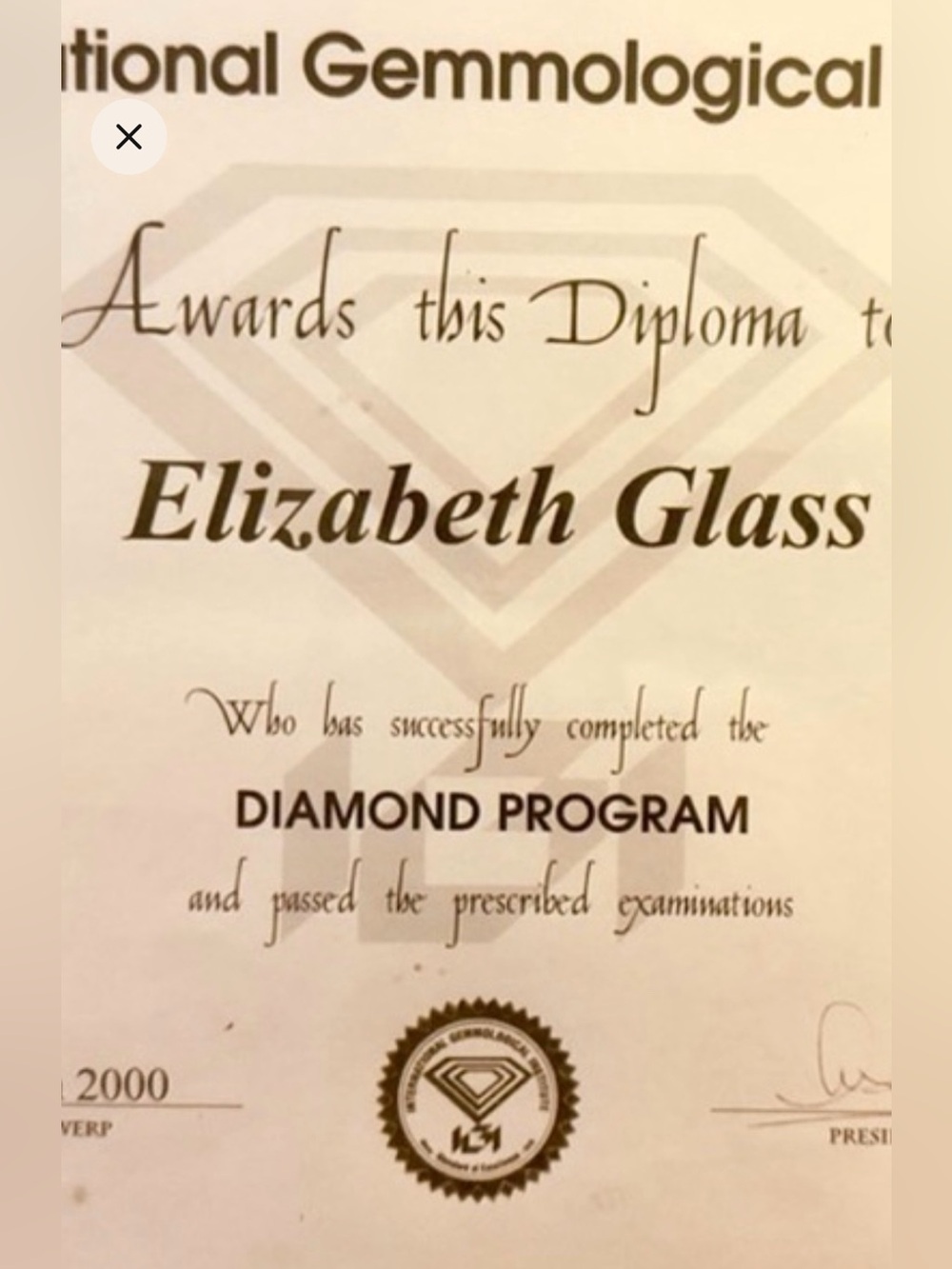 My Diamond Grading certificate